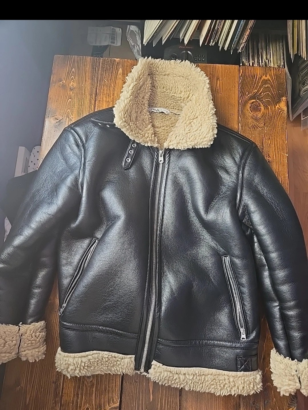 Zara Black Faux Leather Bomber Jacket with Cream Shearling Trim